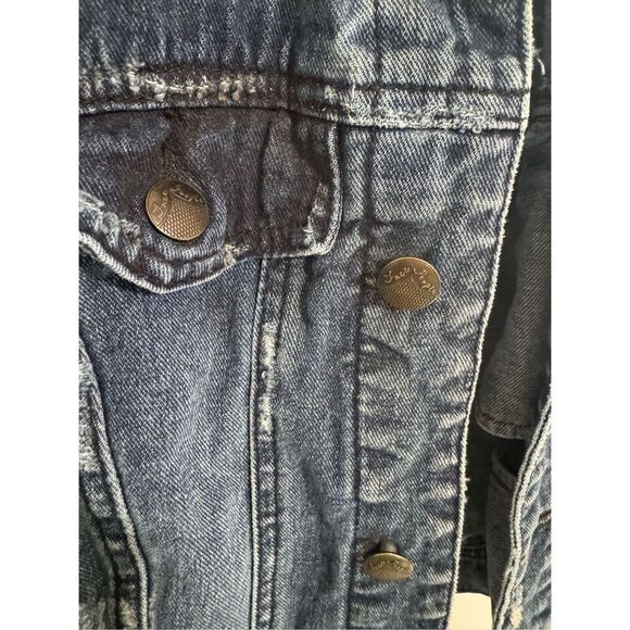 Free People Distressed Denim Jacket with Knit Sleeves & Hood Women's Size Small - Picture 6 of 11